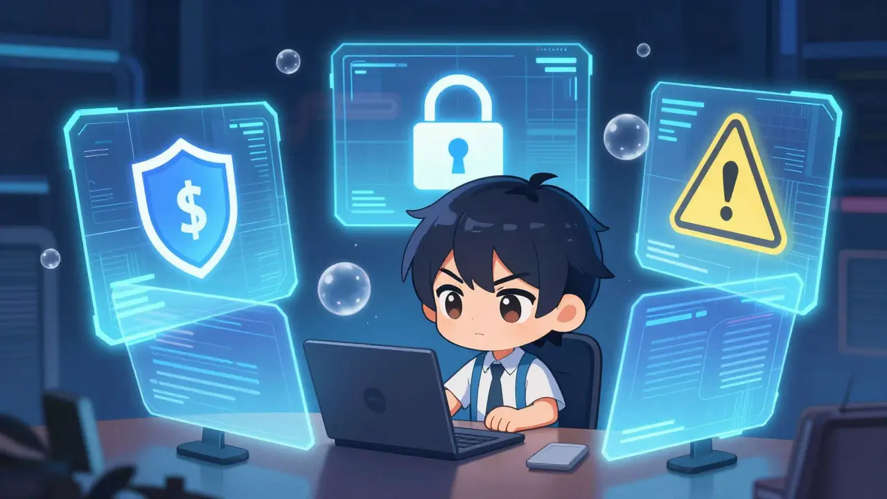 Chibi artist securing crypto assets with holographic shields