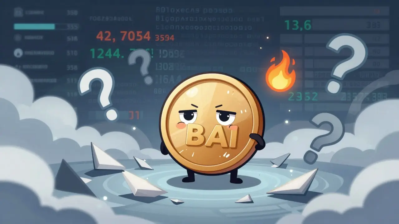Chibi BAI token character confused by volatile prices and fragmented data clouds.