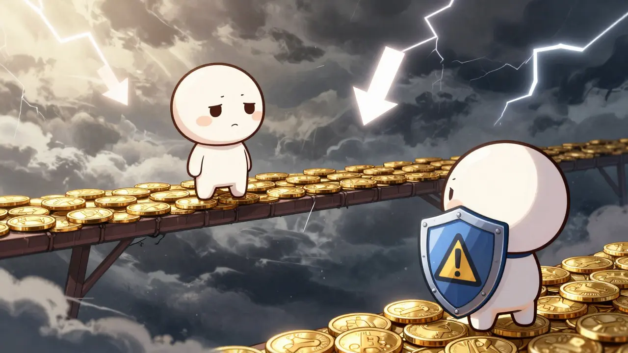 Chibi character balancing on coins over a stormy void representing risk