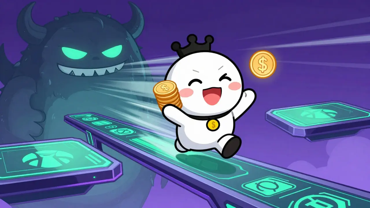 Chibi character celebrating low fees on a fast digital bridge