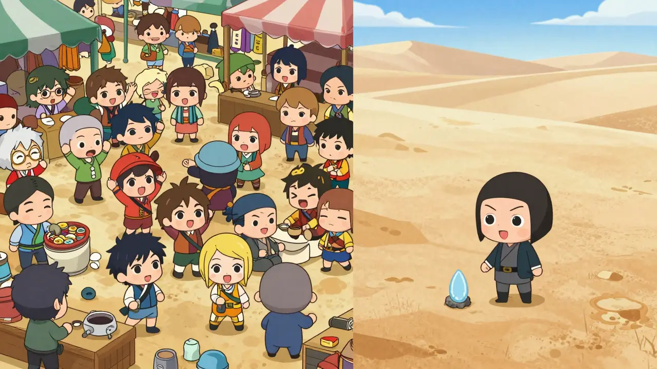 Chibi character comparing a busy market to an empty desert