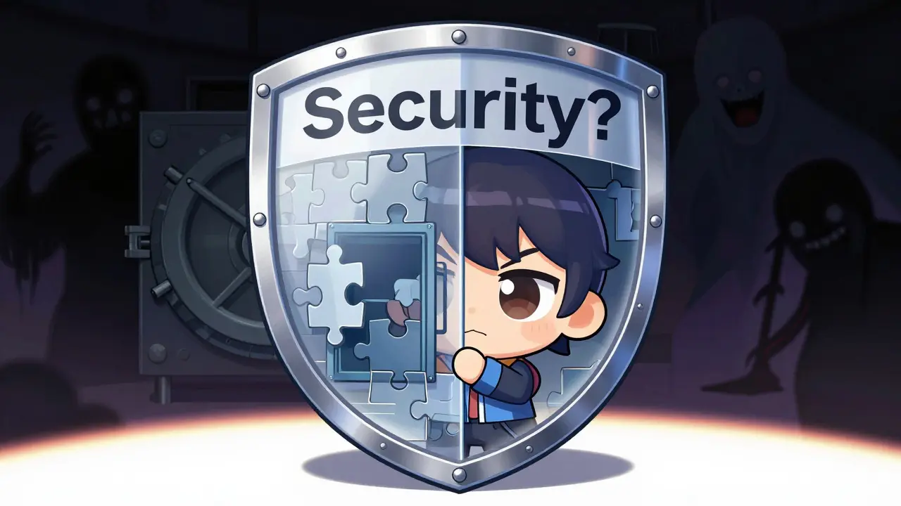 Chibi character hiding behind broken security shield
