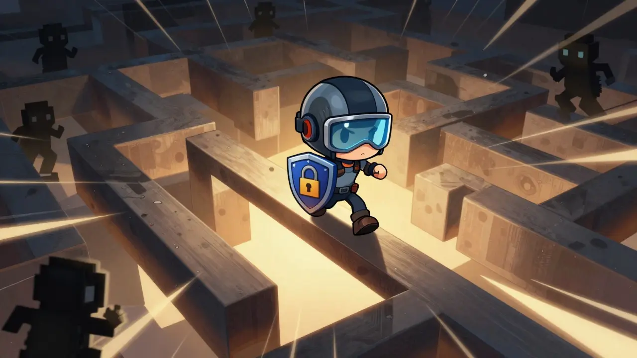 Chibi character navigating a secure DeFi maze