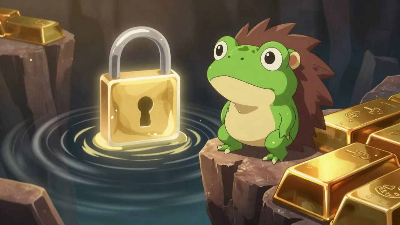 Chibi character near cliff with locked liquidity padlock