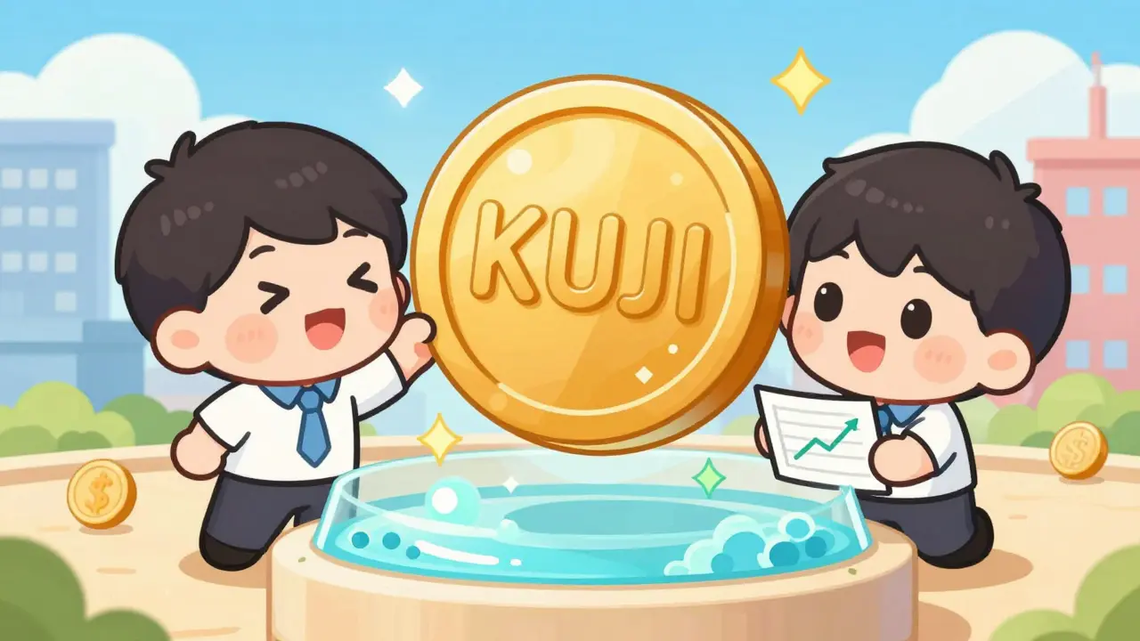 Chibi characters adding coins to a glowing yield pool
