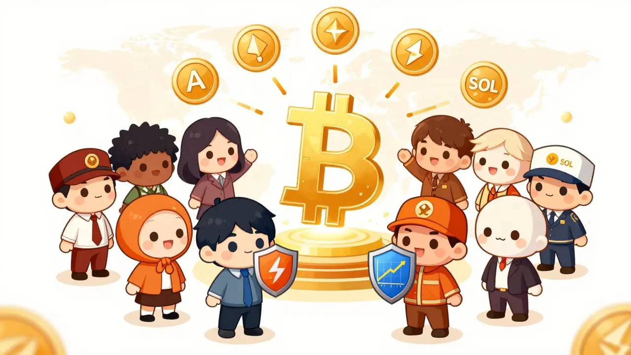 Chibi characters collaborating around a Bitcoin symbol branching into staking assets.