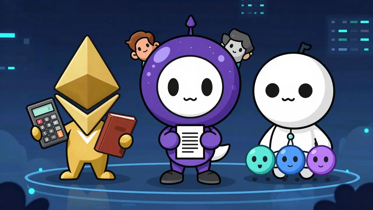 Chibi characters representing Ethereum, Cosmos, and Polkadot governance styles