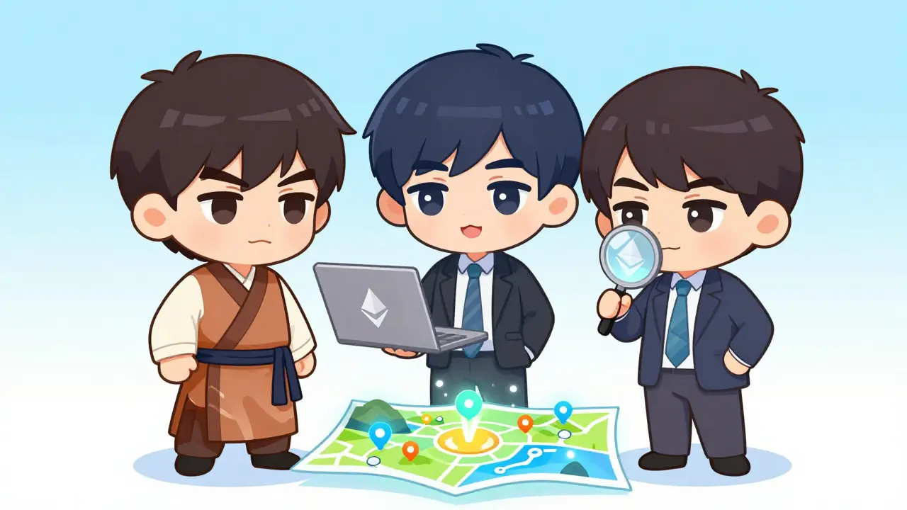 Chibi characters representing users exploring the SatoshiVM ecosystem map