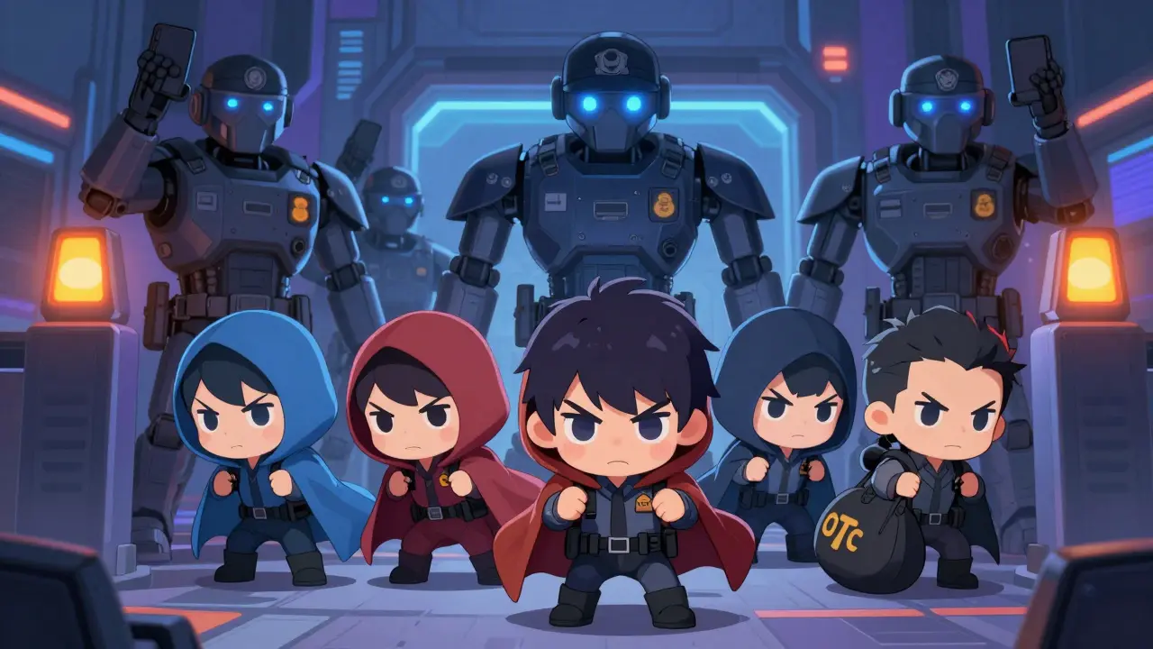 Chibi characters sneaking past surveillance for crypto trading