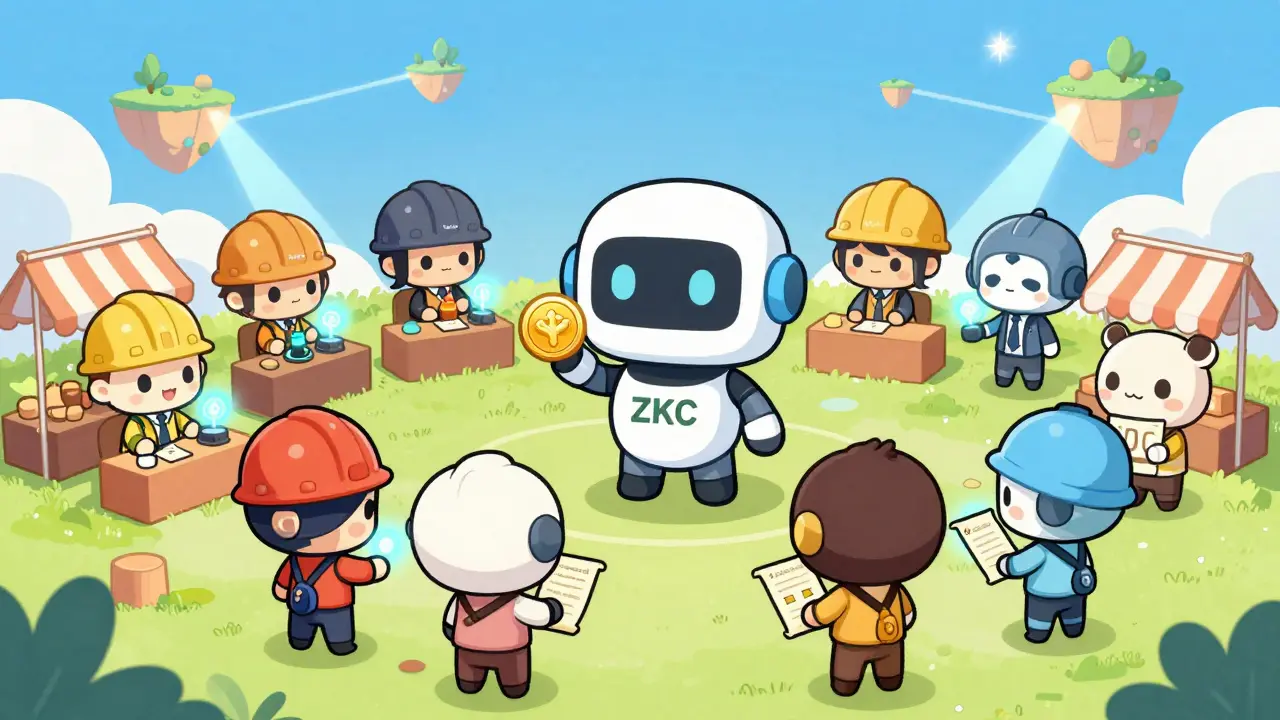 Chibi characters trading compute power in a sky market