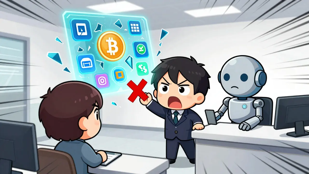 Chibi customer having account frozen by bank robot with shattered icons