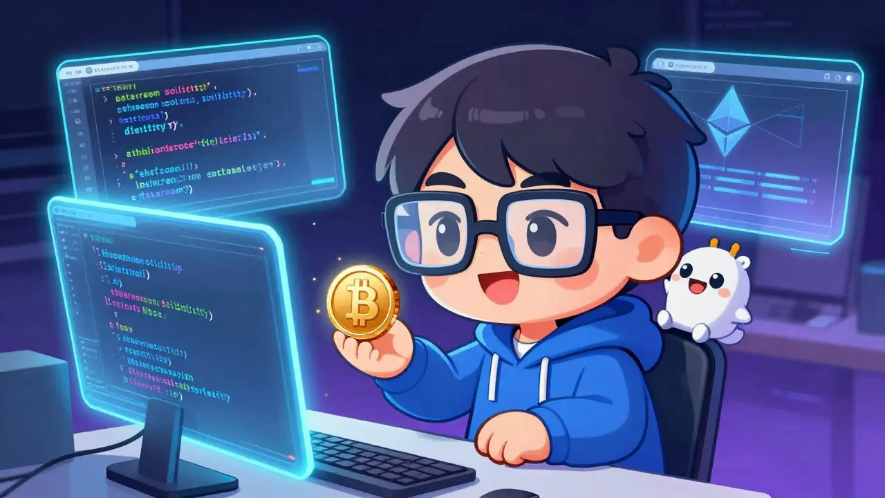 Chibi developer using EVM tools with a Bitcoin mascot paying gas fees