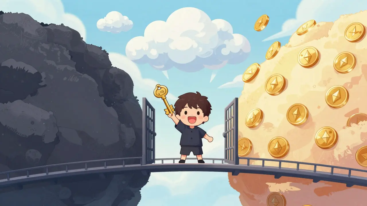 Chibi figure crossing a bridge into a bright, decentralized crypto future.