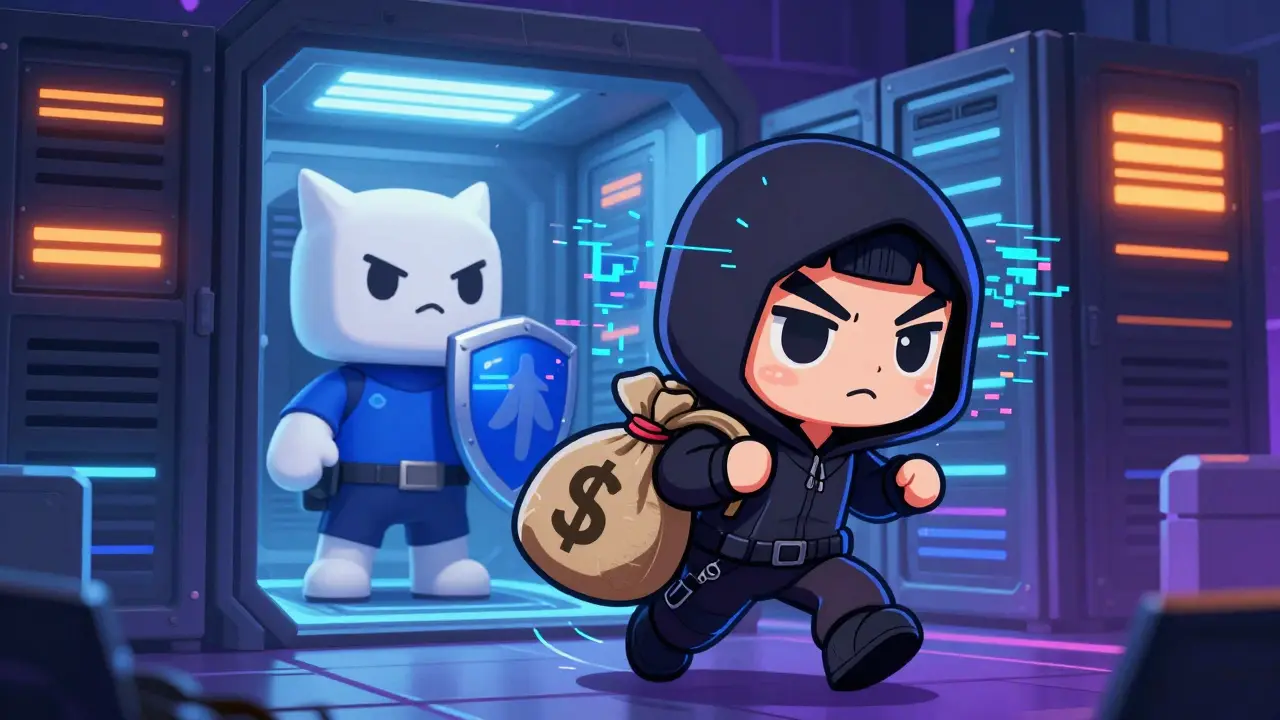 Chibi hacker stealing funds while a mascot guards the server fortress.