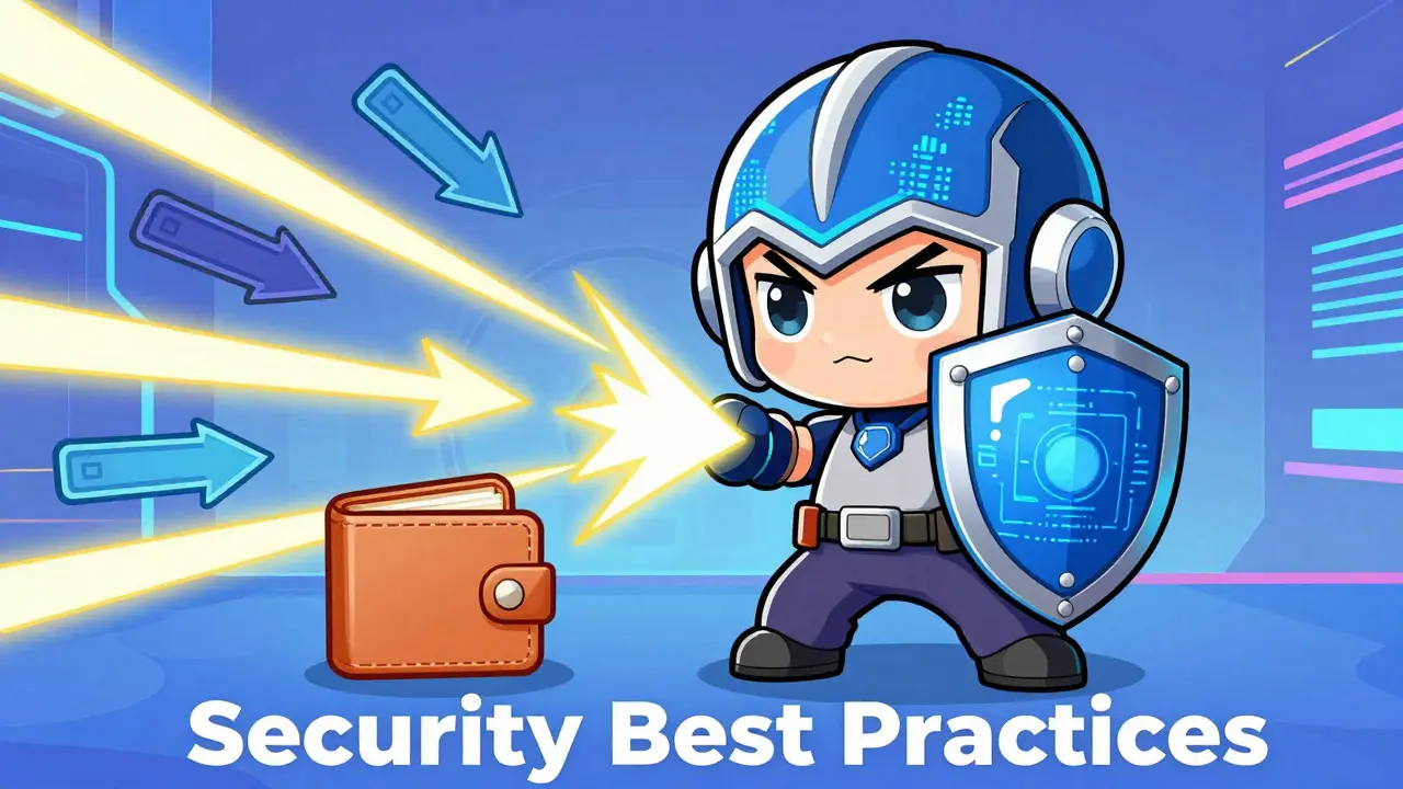 Chibi hero protecting wallet from phishing attacks with shield