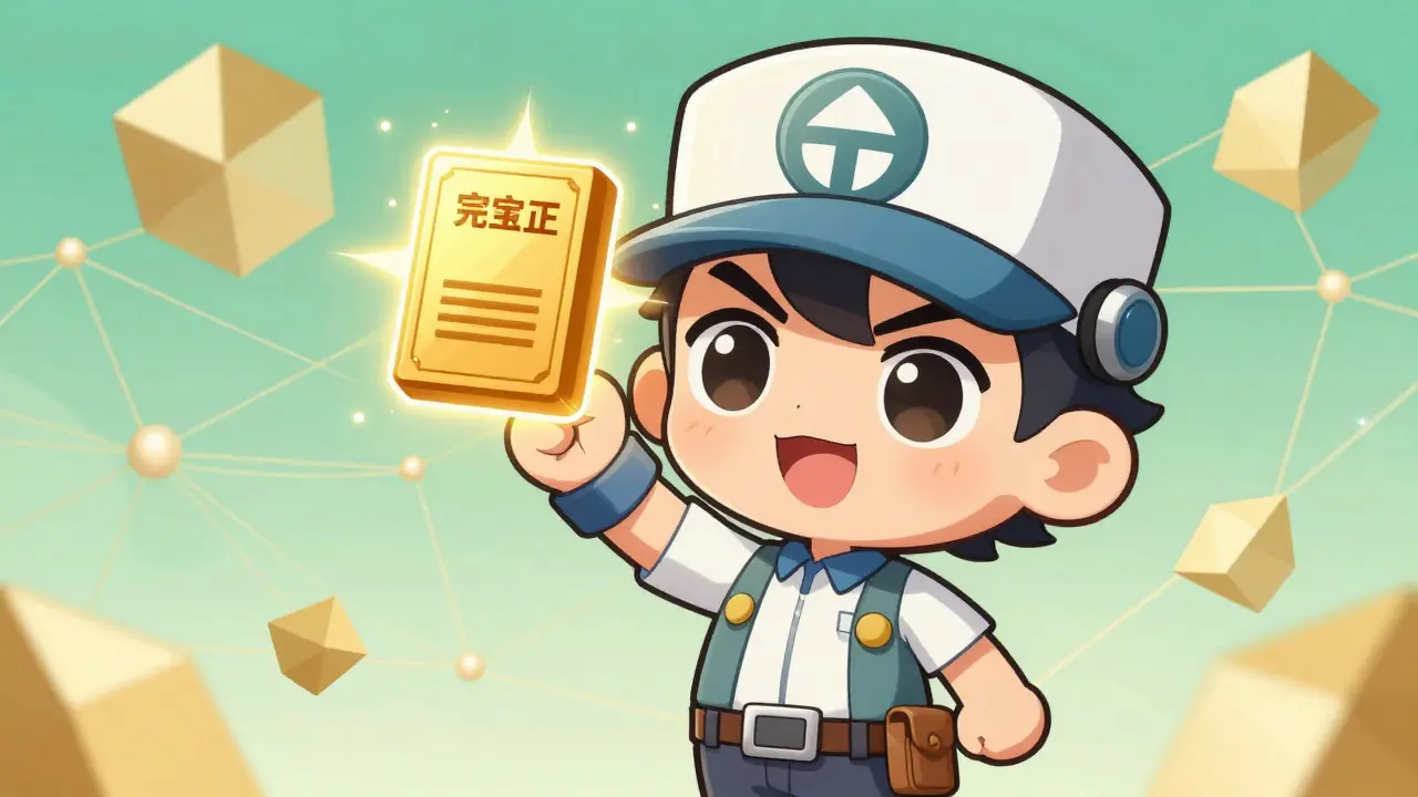 Chibi inventor holding glowing blockchain proof certificate