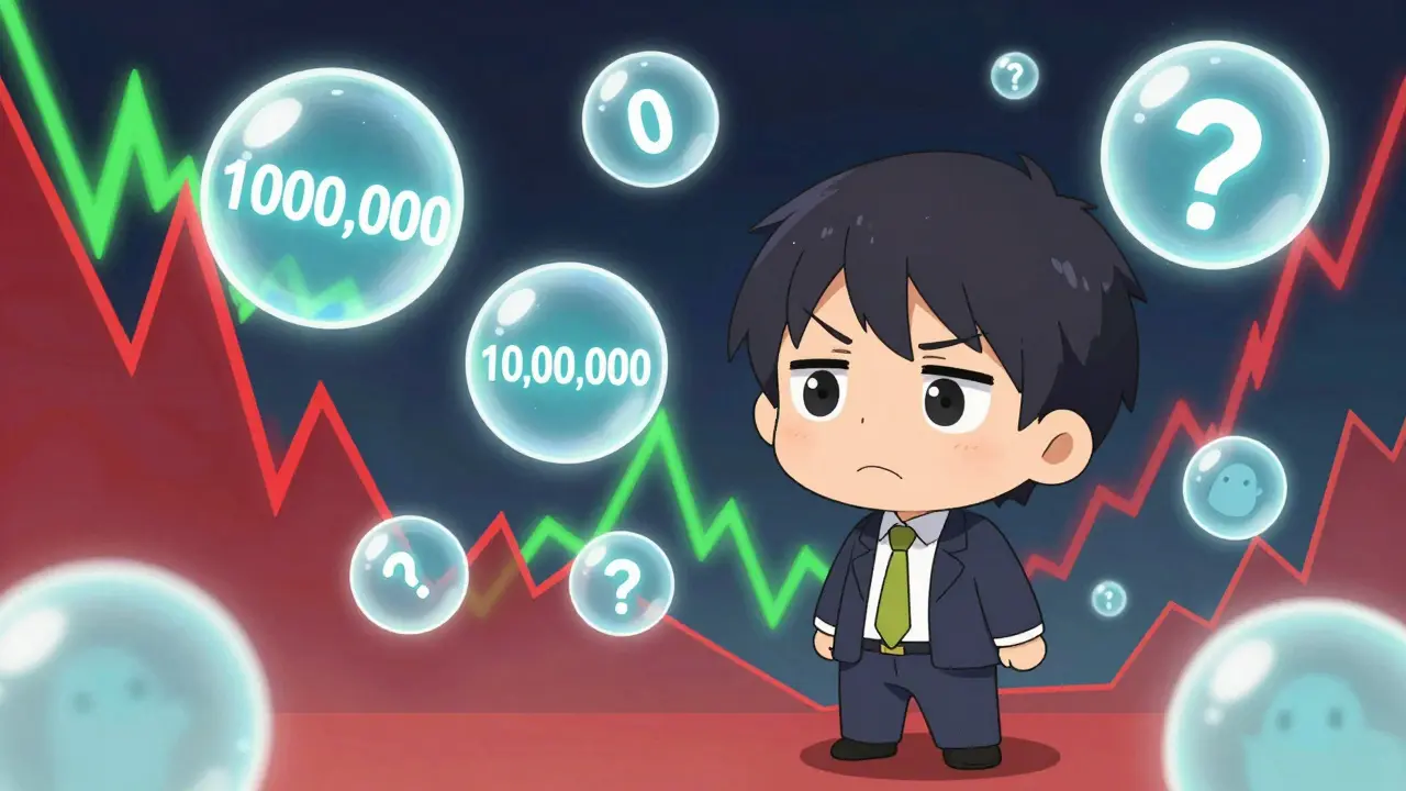Chibi investor character confused by floating conflicting crypto numbers and charts