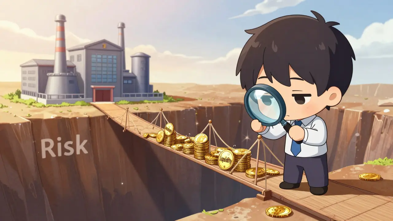 Chibi investor checking a fragile liquidity bridge versus a stable utility factory.