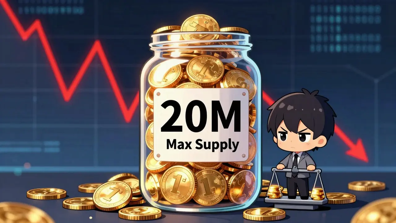 Chibi investor looking at token supply jar and volatile price chart