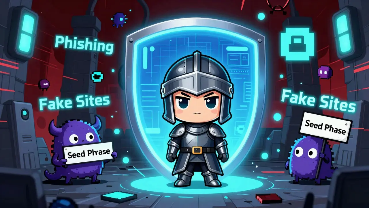 Chibi knight protecting crypto wallet from phishing monsters
