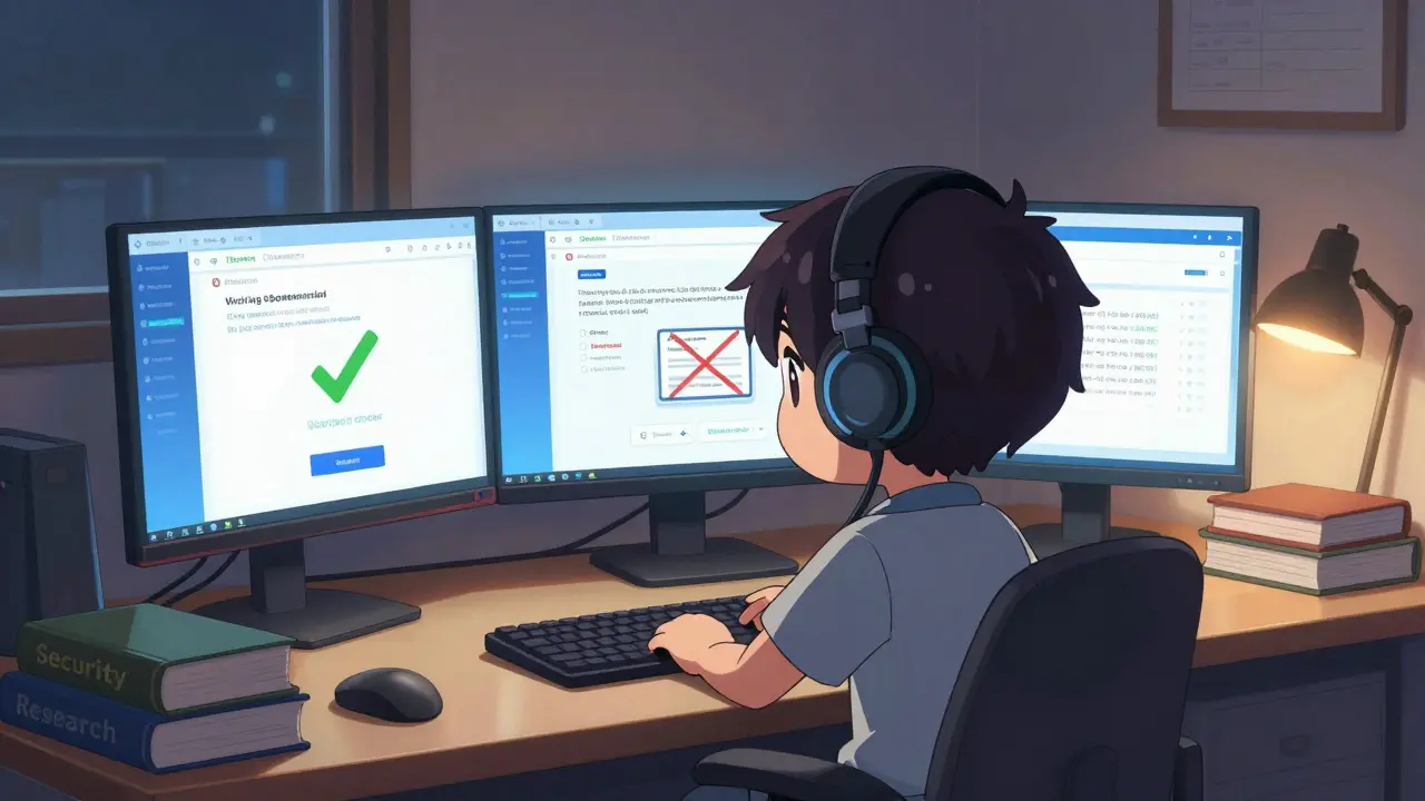 Chibi researcher verifying official crypto channels on computer screens