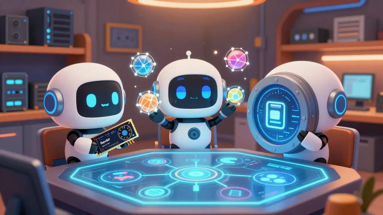Chibi robots collaborating around a holographic table in a tech workshop.