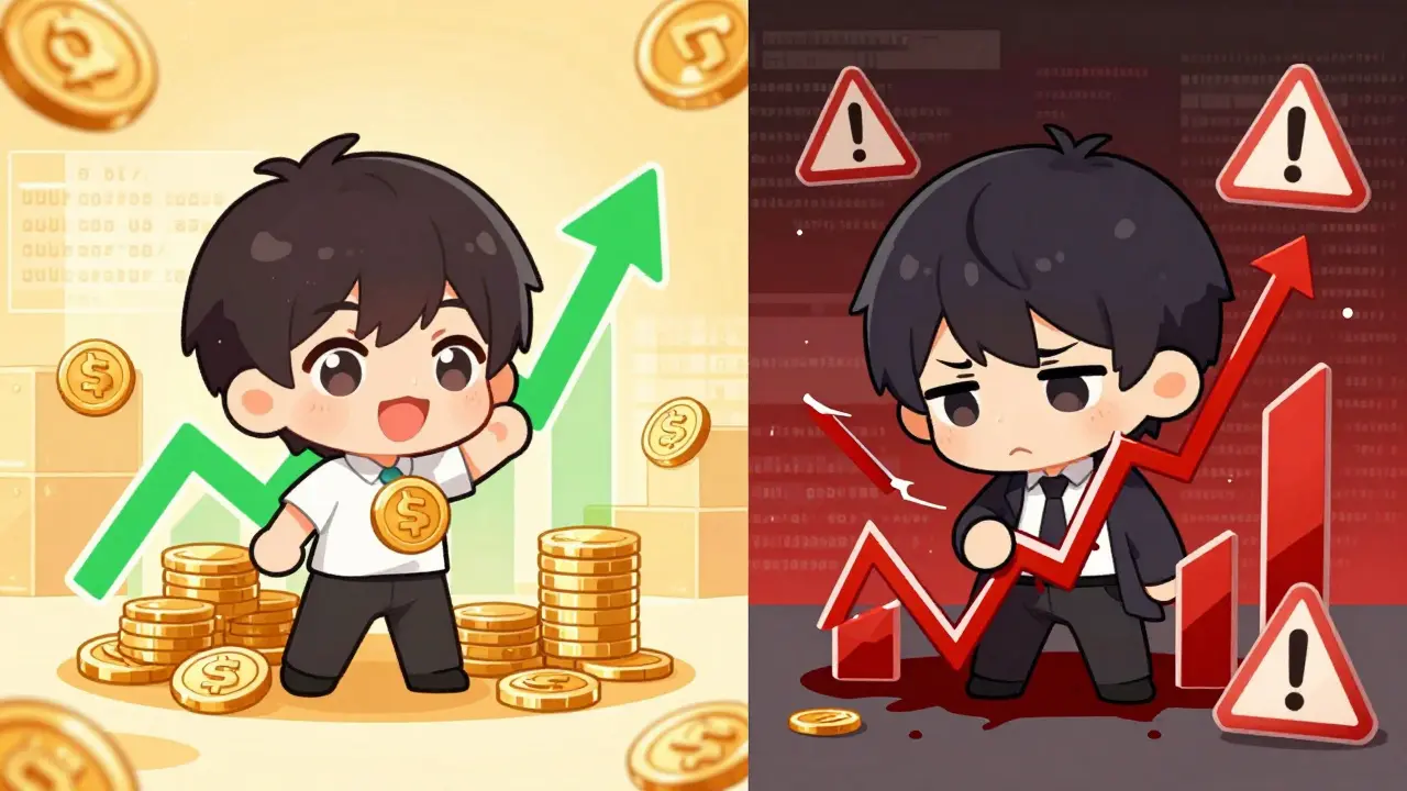 Chibi split screen showing DeFi rewards vs liquidity risks