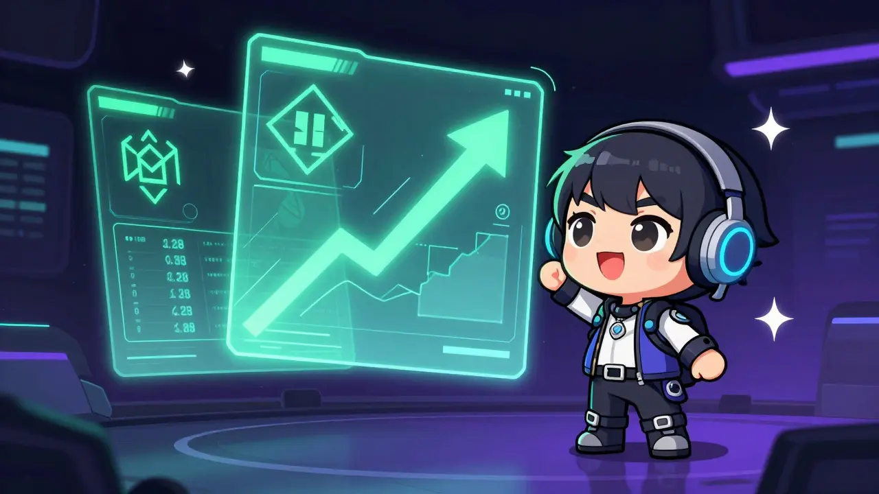 Chibi trader excitedly watching abstract green trends on holographic screens