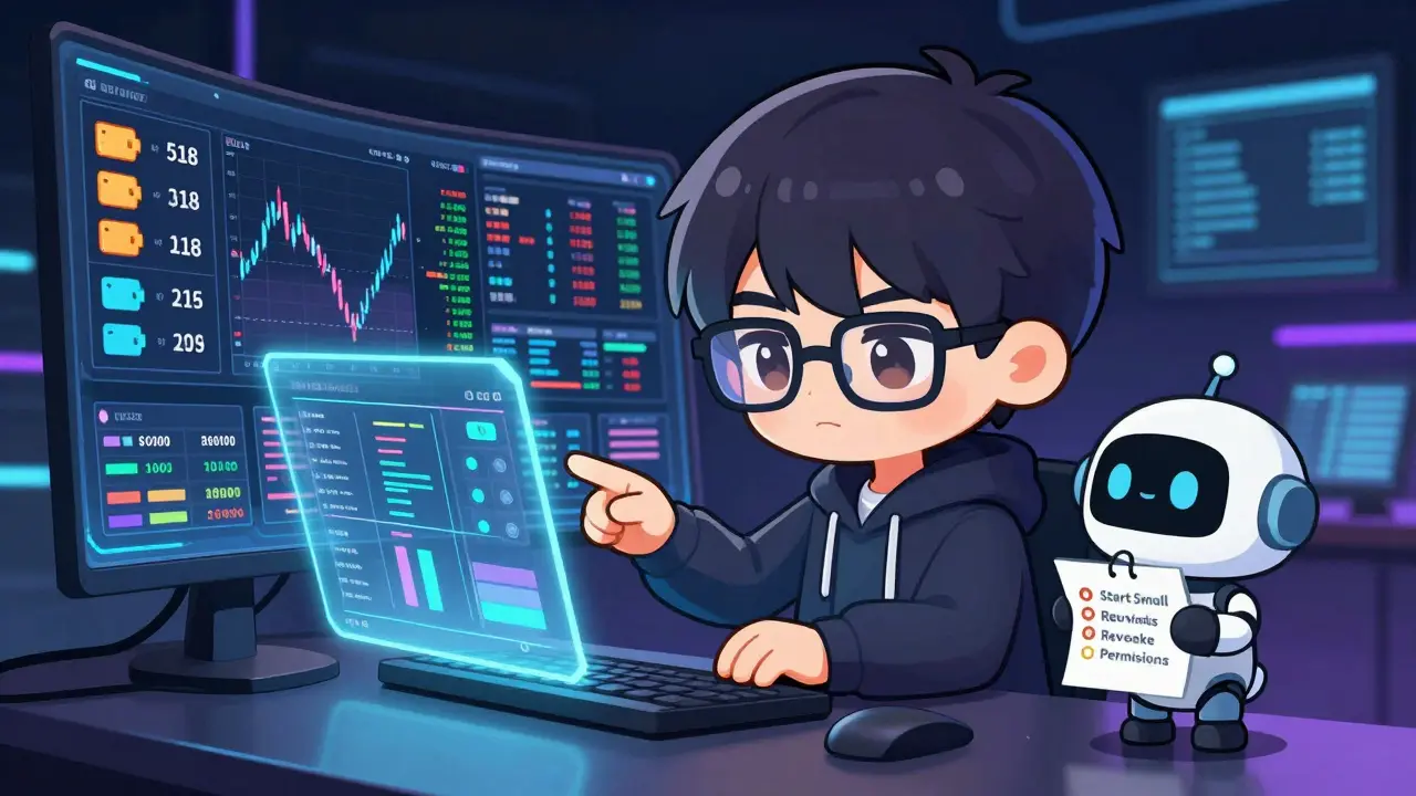 Chibi trader managing crypto positions with safety checklist
