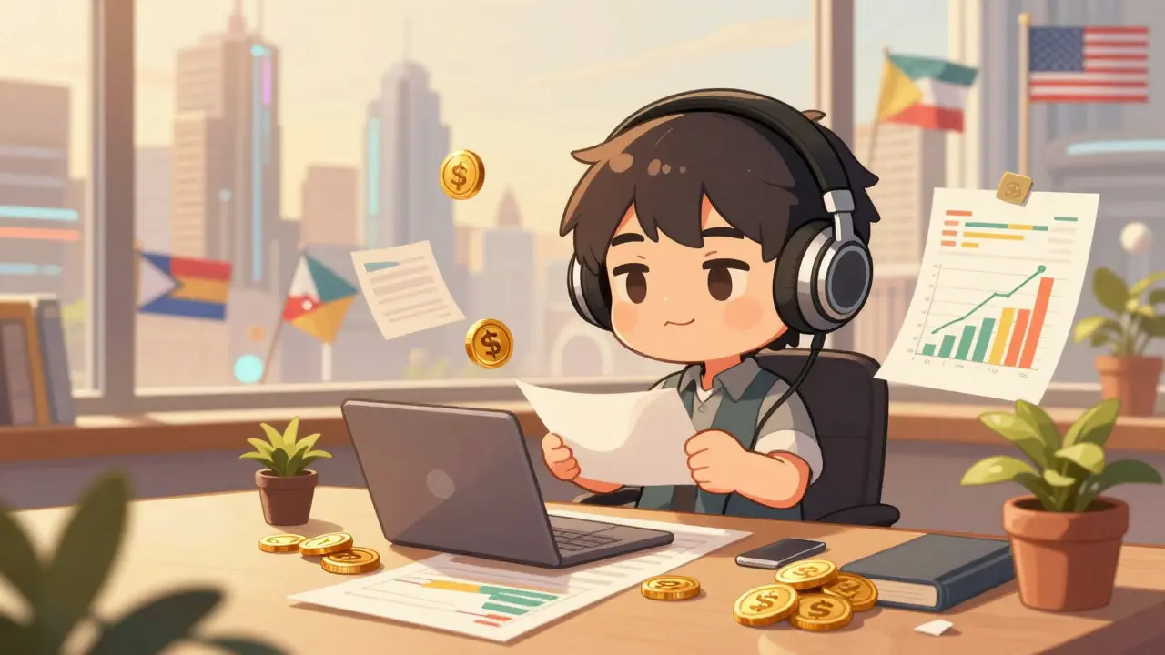 Chibi trader relaxing with floating charts and coins in a cozy room.
