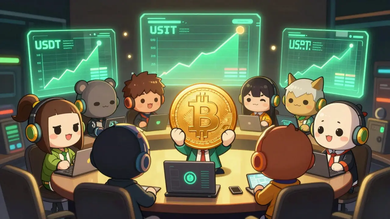 Chibi traders celebrating rising crypto prices in neon room