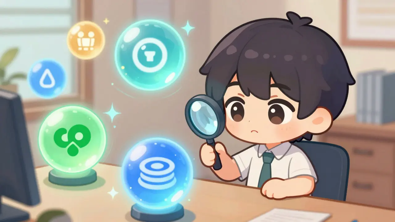 Chibi user analyzing colorful protocol orbs with a magnifying glass.