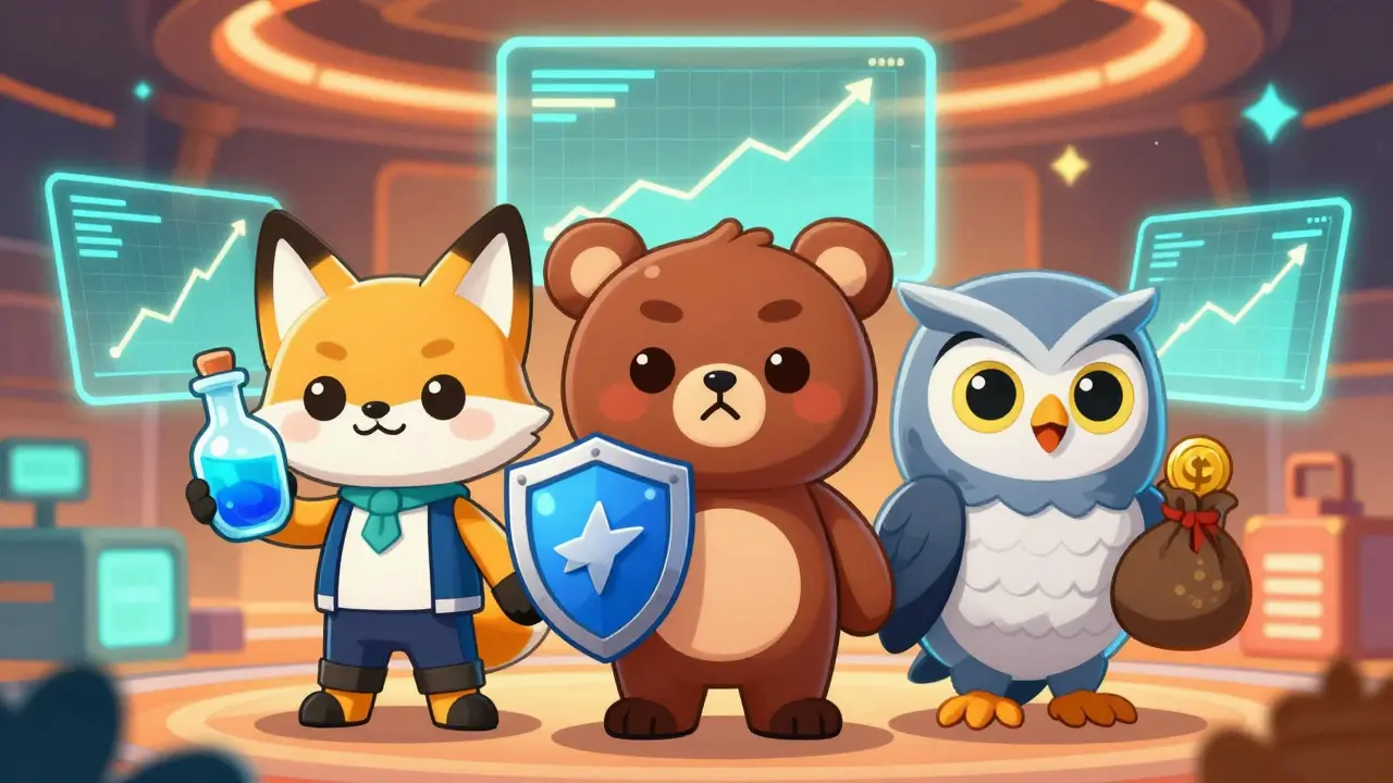 Cute chibi avatars of Lido, Aave, and MakerDAO in a digital finance hub.