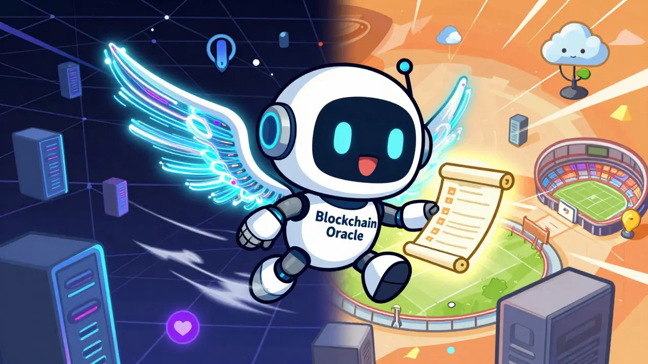 Cute robot oracle messenger carrying verified data between blockchain and real world realms.