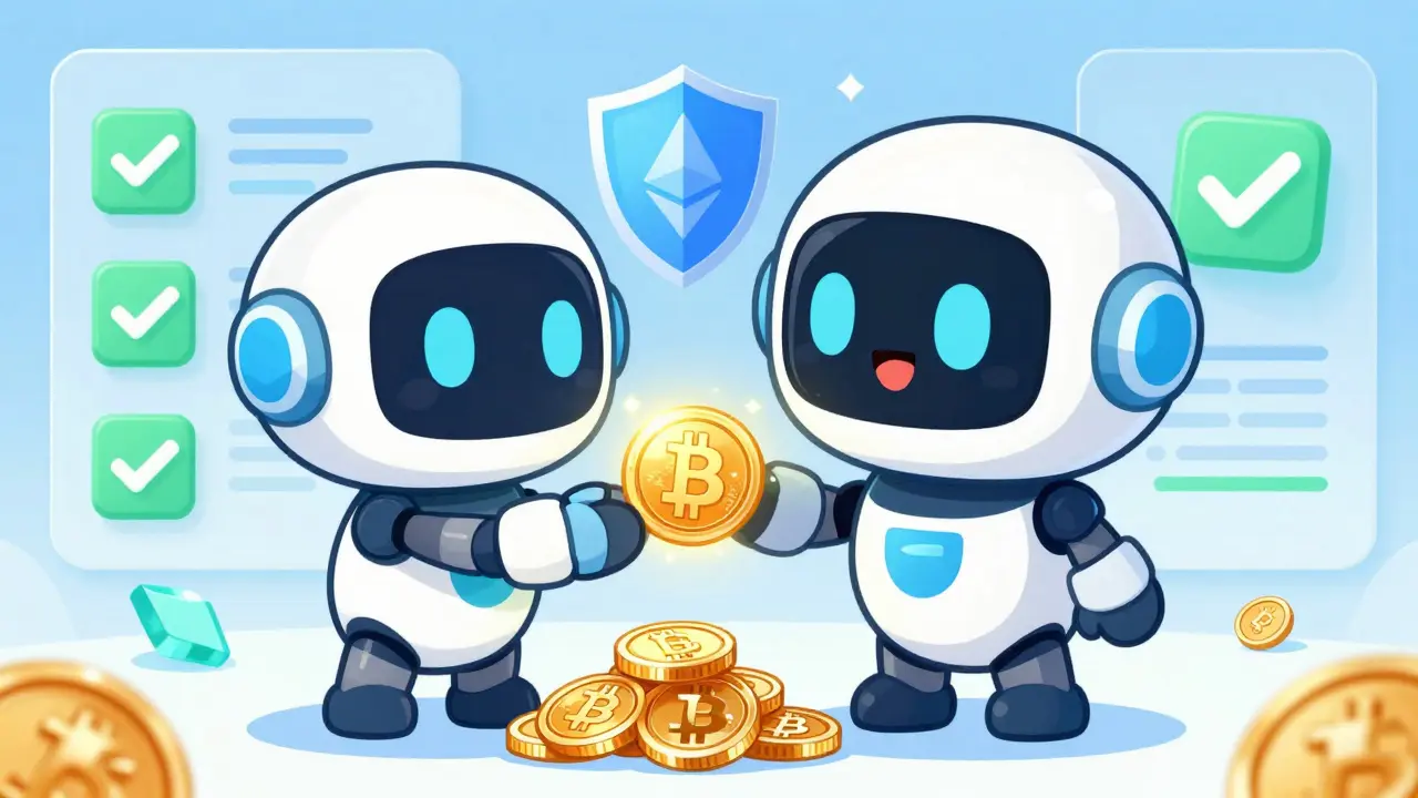 Cute robot paying crypto to server with protective shield
