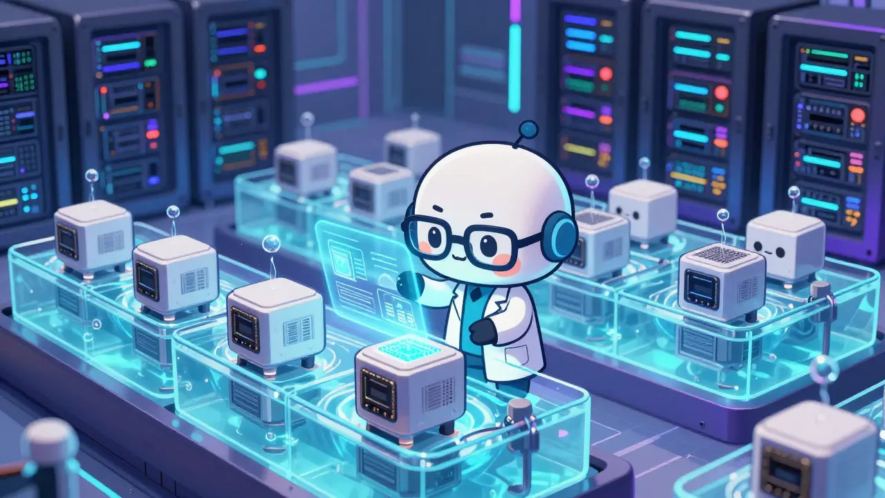 Cute robotic ASIC miners in immersion cooling tanks being optimized by a chibi engineer.