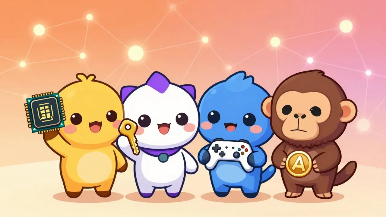Four chibi characters representing metaverse token utilities