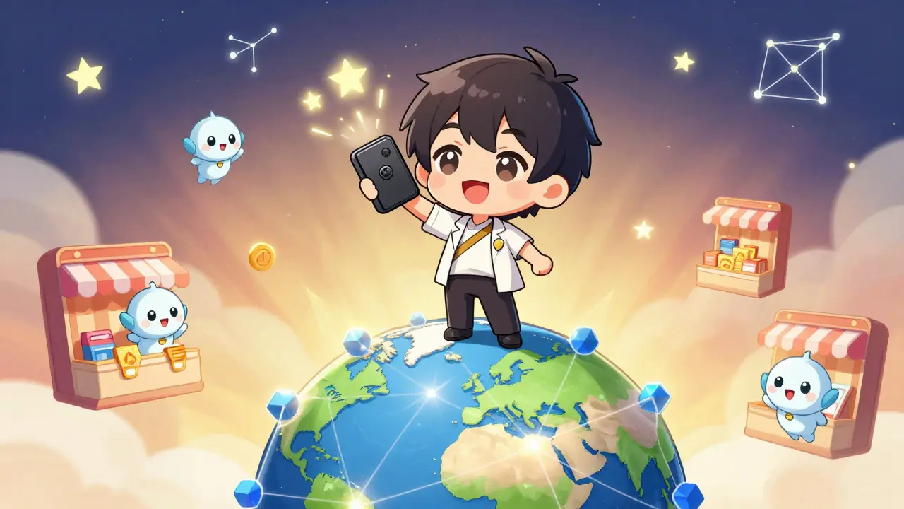 Happy chibi dev on blockchain globe with AI agents