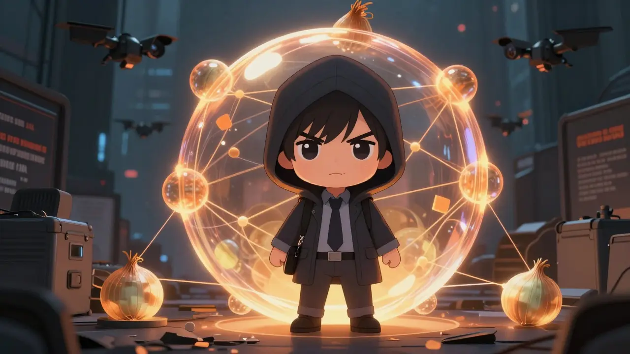 Hooded chibi journalist protected by onion-routing encryption layers