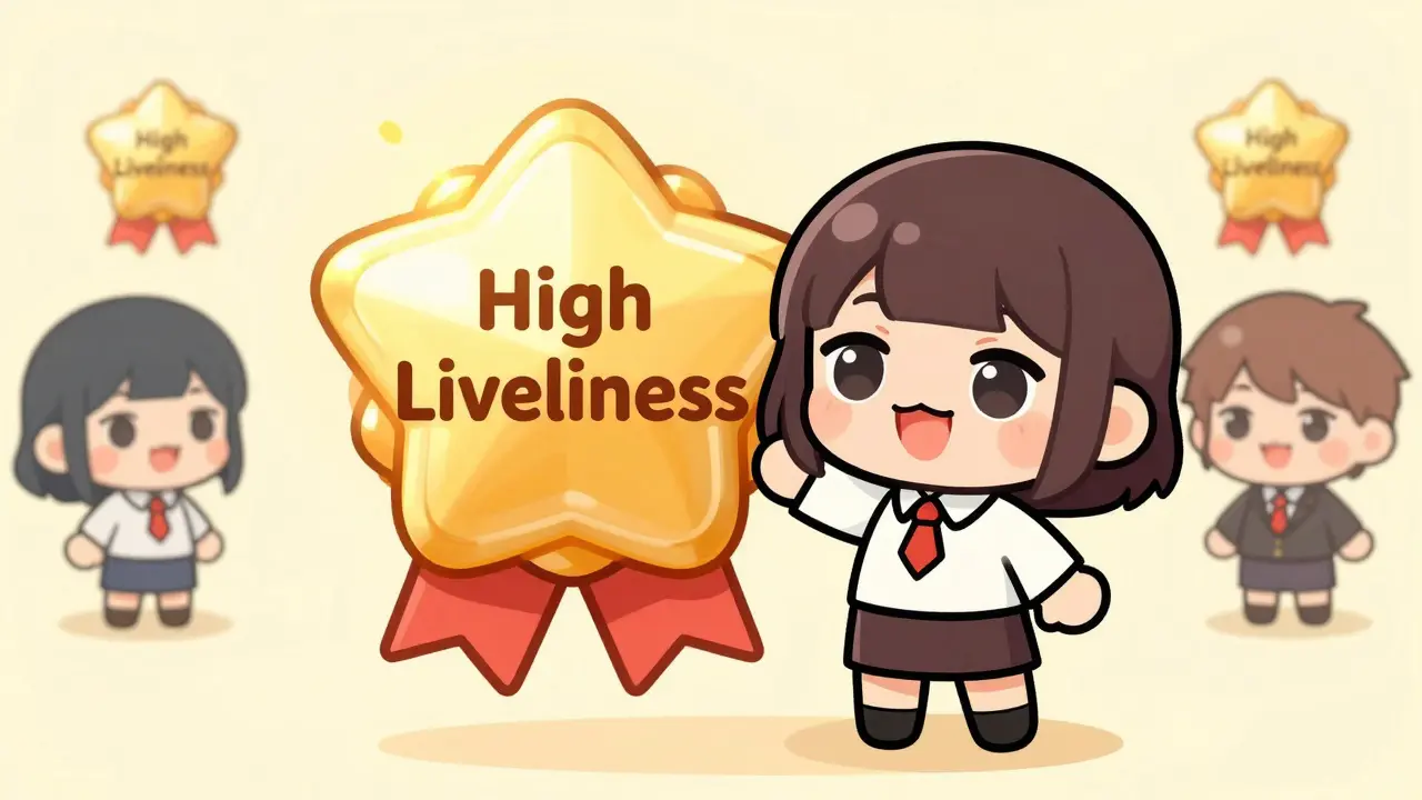 A chibi anime illustration of a user with a high Liveliness score badge, standing confidently among other users, highlighting the reputation system.