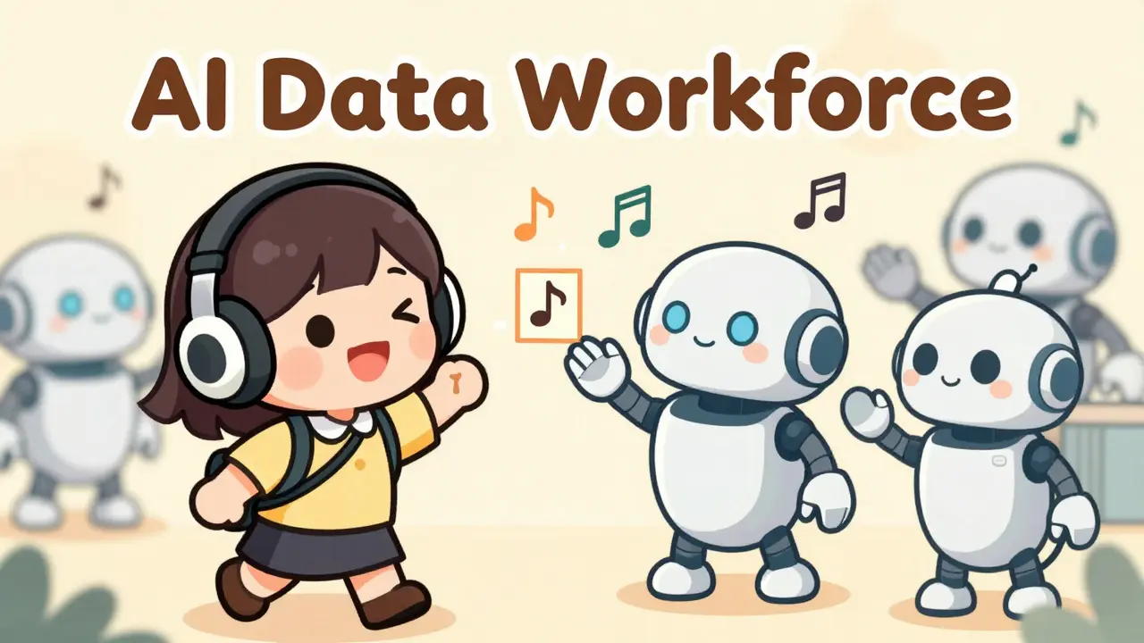 A chibi manga scene where a happy user listens to music and shares data packets with friendly AI robot agents, illustrating the AI Data Workforce.