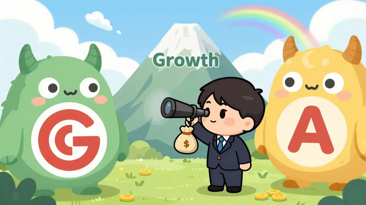 A determined chibi investor looking toward future growth through a telescope, with stylized competitor figures in the background, representing market challenges.