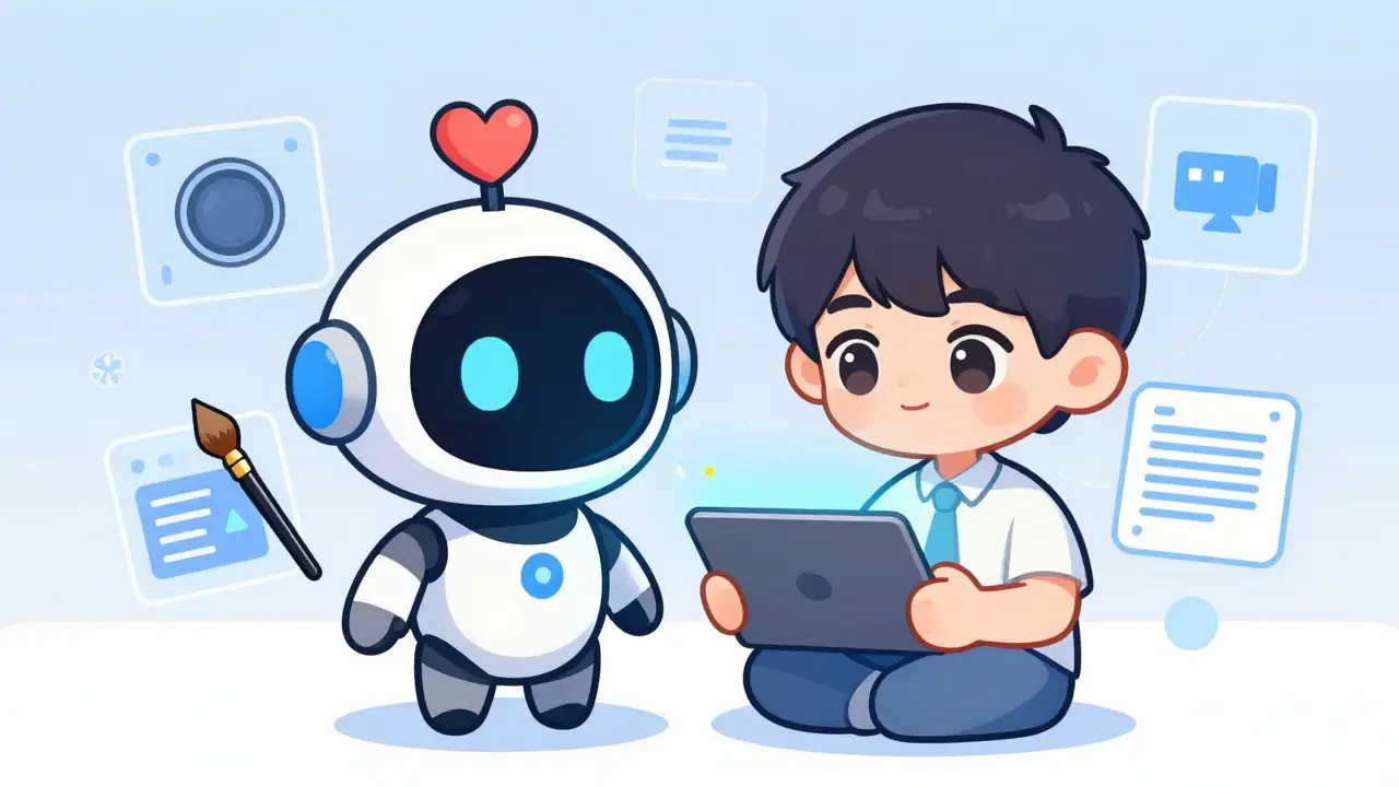 A friendly chibi robot AI assistant helping a human creator with holographic tools, illustrating the integration of AI in the Contentos ecosystem.