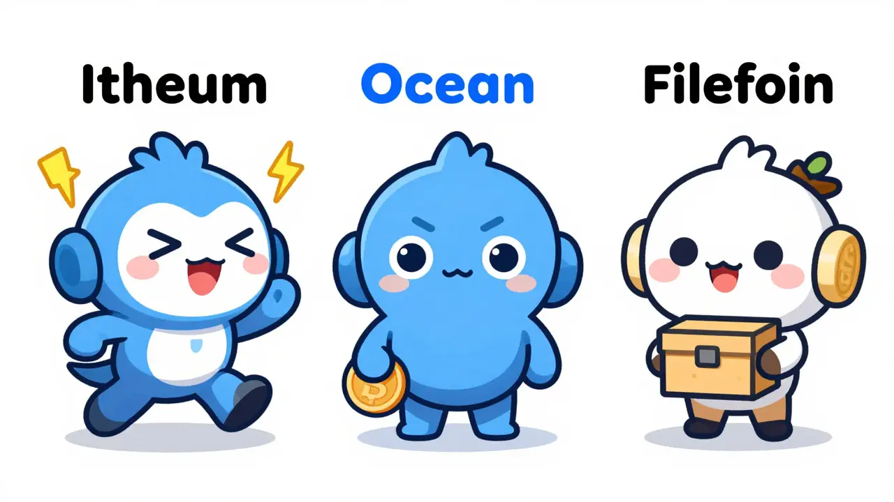 A playful chibi manga comparison of three mascots representing Itheum, Ocean Protocol, and Filecoin, each with distinct accessories symbolizing their platform traits.