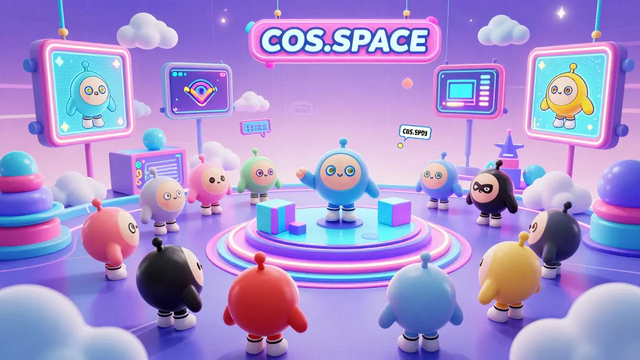 Adorable chibi avatars enjoying a vibrant, neon-colored virtual metaverse event in COS.SPACE, showcasing digital art and gaming elements.