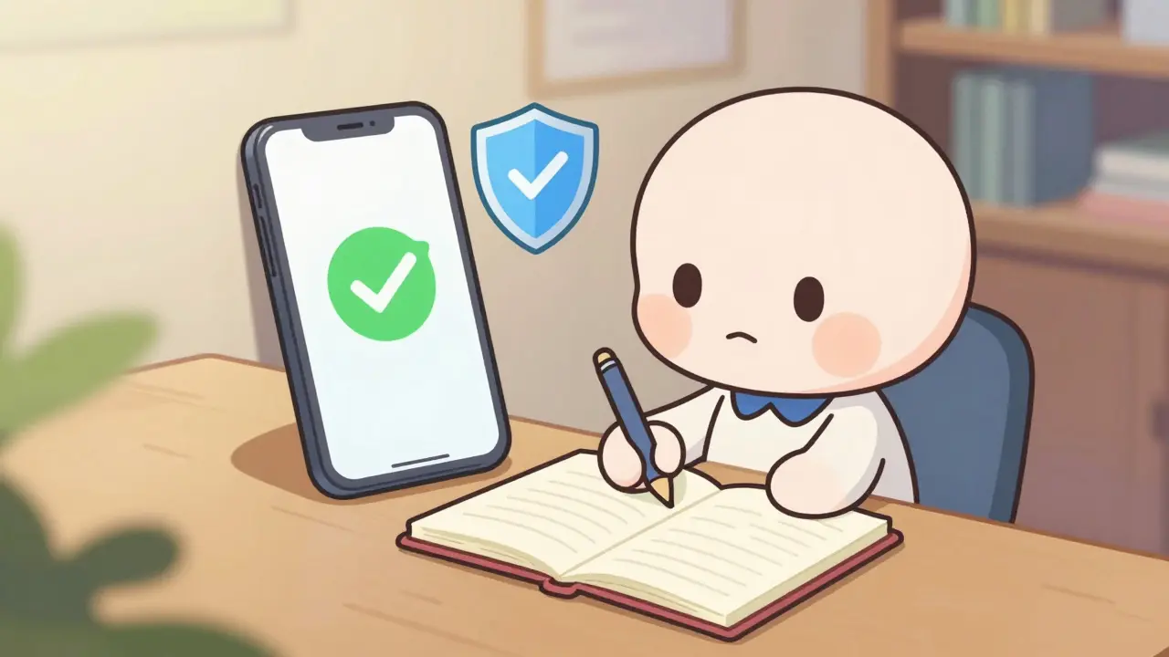 Chibi avatar securely writing down a seed phrase next to a protected phone