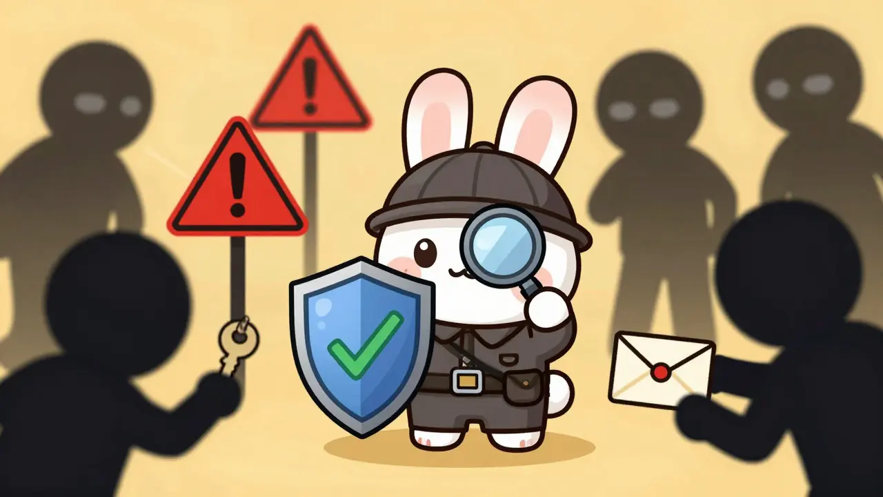 Chibi bunny blocking scammer shadows with a shield, illustrating crypto safety and verification tips.
