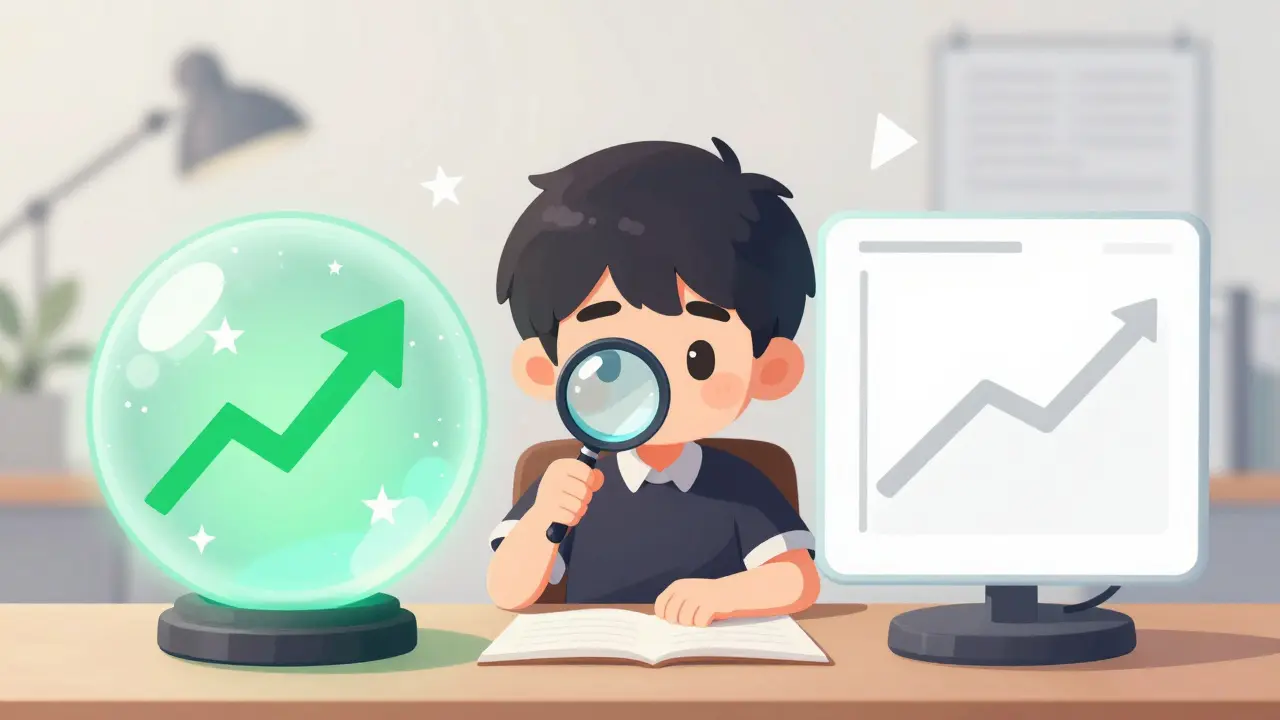 Chibi character analyzing conflicting optimistic and conservative crypto predictions.
