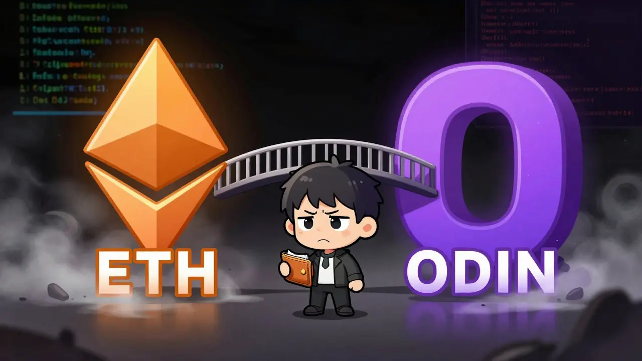 Chibi character confused between Ethereum and Odin chain blocks