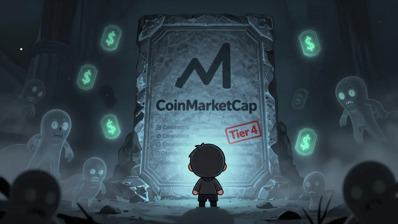 Chibi character facing a misleading Tier 4 token listing in a foggy void